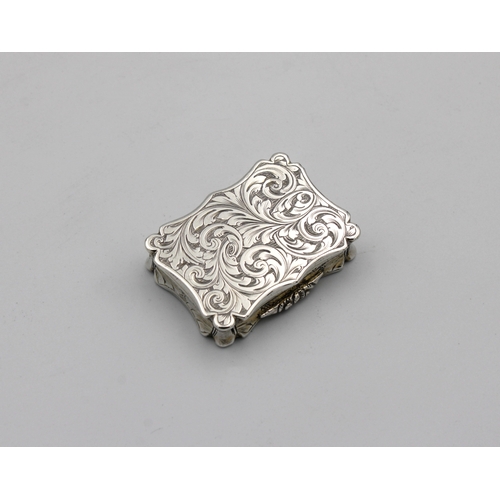 387 - A Victorian silver shaped rectangular vinaigretteNathaniel Mills, Birmingham, 1851, all over foliate... 