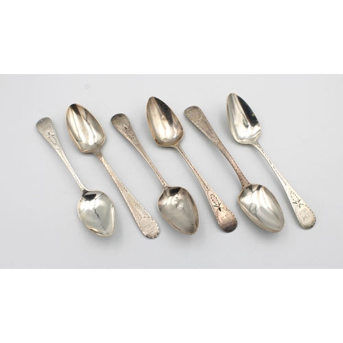 457 - Six Georgian bright cut silver teaspoonsLondon, terminals inscribed with initials 'IM' & dated 1808 ... 