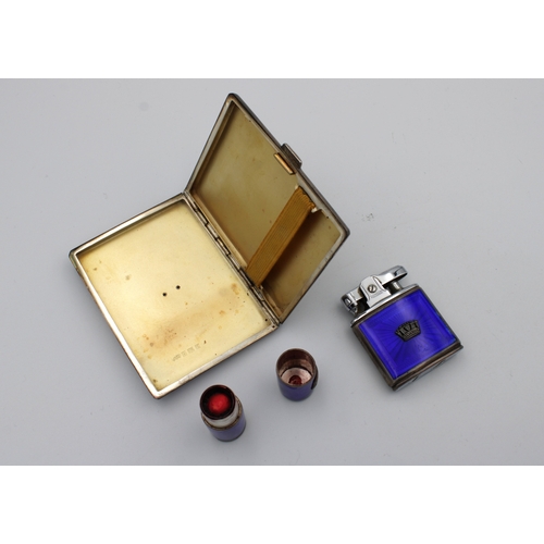 474 - Navel interest - A silver and royal blue guilloche enamel engine turned cigarette caseJohn William B... 