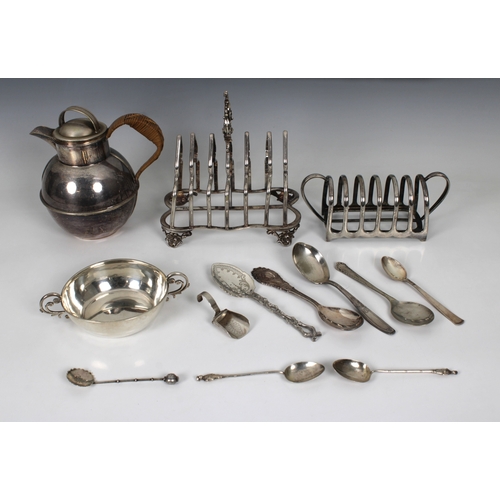 491 - A small collection of silver plateto include a Guernsey can milk jug with rattan handle; six divisio... 