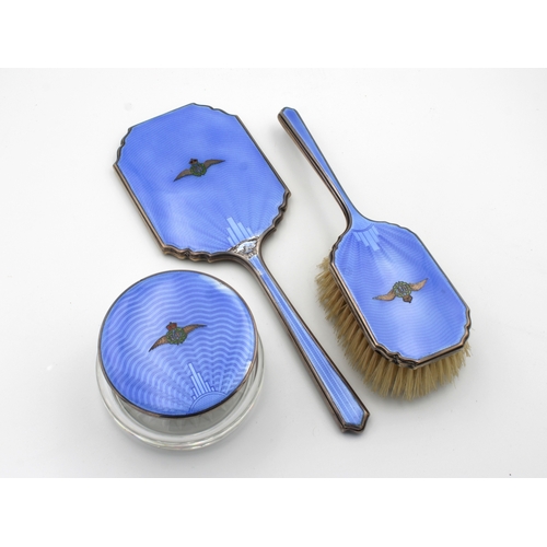 517 - An RAF silver and engine turned blue enamel dressing table setAdie Brothers Ltd, Birmingham, 1914, c... 