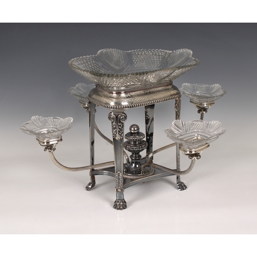 528 - A silver plate & glass centrepiecethe centre dish raised on ornate stand with sweeping branches belo... 