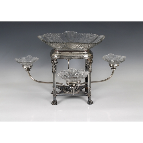 528 - A silver plate & glass centrepiecethe centre dish raised on ornate stand with sweeping branches belo... 