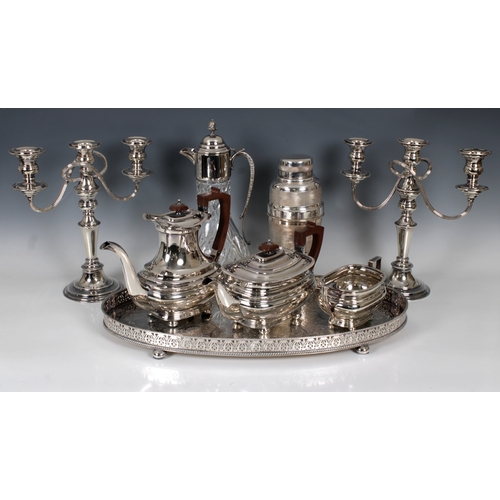 529 - A collection of silver plateto include a cocktail shaker; Barker Ellis oval gallery tray; Barker Ell... 