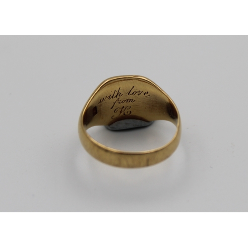 540 - An 18ct yellow gold signet ringworn initials, marked CS * F S, inscribed to inner.