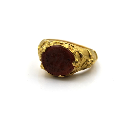 584 - A 22ct yellow gold & cornelian intaglio ringsize P, tested.