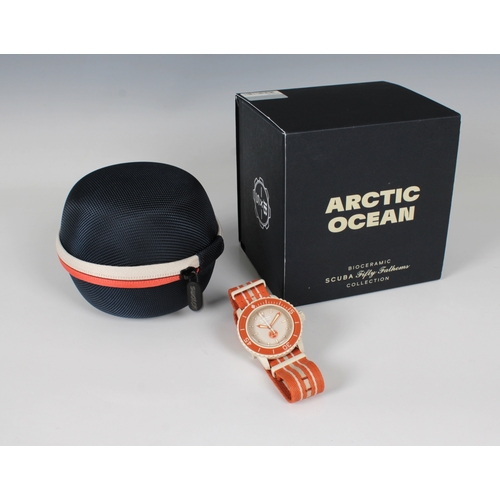 737 - Blancpain x Swatch Arctic Ocean watchfrom the Bioceramic Fifty Fathoms collection. with a dial inspi... 