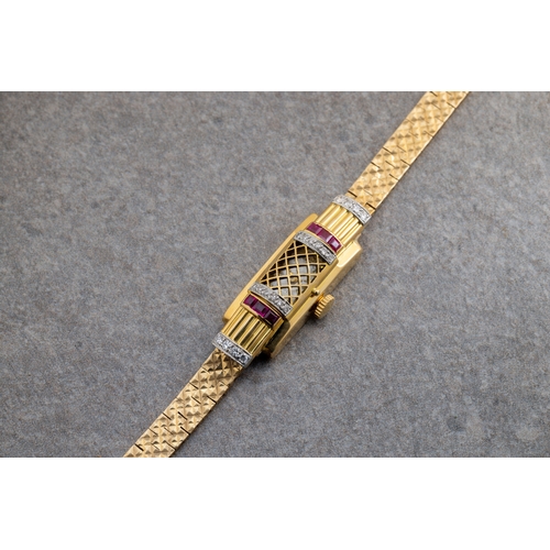 748 - An Incabloc Longines 18ct yellow gold ruby and diamond hooded cocktail watchquartz, the 12mm. case s... 