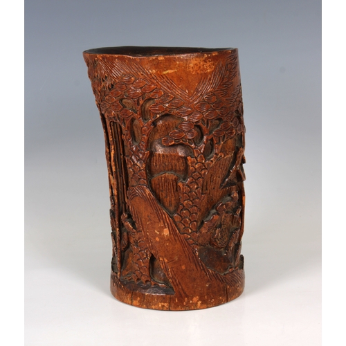 780 - A Chinese finely carved bamboo brush pot, bitonglikely 20th Century, having continuous decoration of... 