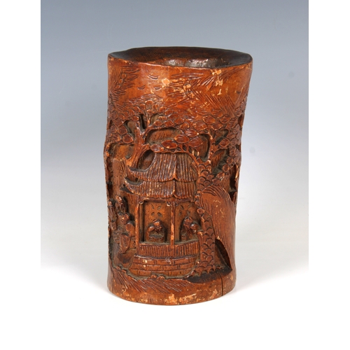 780 - A Chinese finely carved bamboo brush pot, bitonglikely 20th Century, having continuous decoration of... 