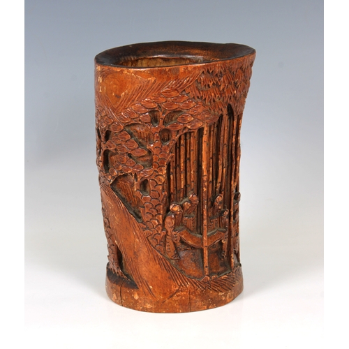 780 - A Chinese finely carved bamboo brush pot, bitonglikely 20th Century, having continuous decoration of... 