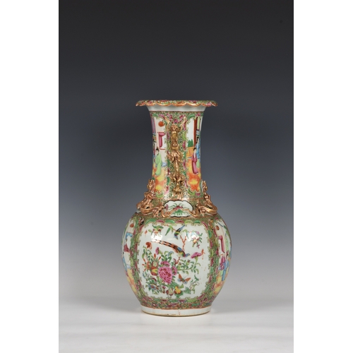 789 - A Chinese Canton famille rose vase19th century, the globular body below an elongated, waisted neck w... 