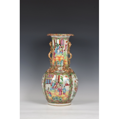 789 - A Chinese Canton famille rose vase19th century, the globular body below an elongated, waisted neck w... 