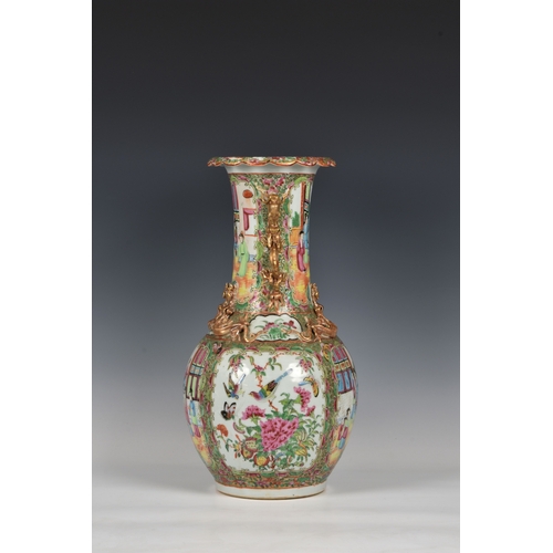 789 - A Chinese Canton famille rose vase19th century, the globular body below an elongated, waisted neck w... 