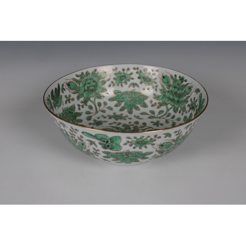 800 - A modern Chinese porcelain footed bowldecorated in green with flora and fauna and gilding, marked be... 