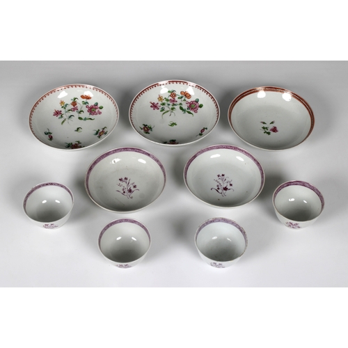 802 - Four porcelain tea bowlsprobably Chinese, two with saucers, having Greek key border to rim and flora... 