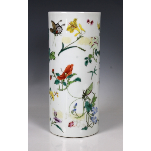 808 - A Chinese porcelain sleeve vasepolychrome decoration of flora and insects, red seal mark to base, 28... 