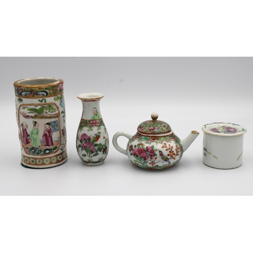 812 - A miniature Cantonese Famille Verte enamelled porcelain tea pottogether with a bud vase, cylinder va... 