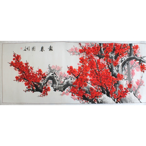 822 - Two Chinese scroll paintings20th Century, one depicting a blossoming cherry tree, the other a floral... 