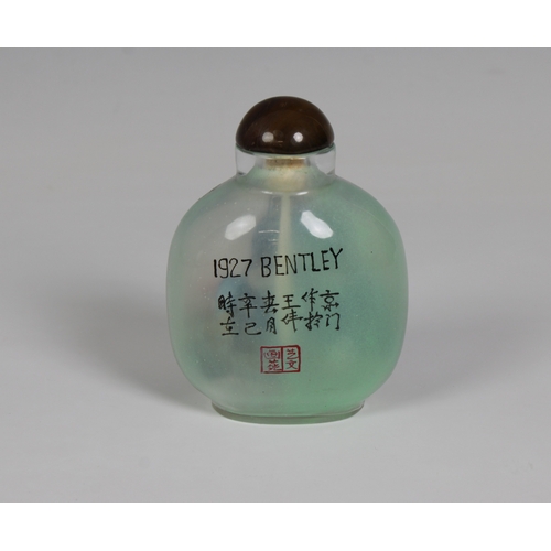 826 - A Chinese '1927 Bentley motor car' inside painted snuff bottlewith glass stoppper, inscribed on the ... 