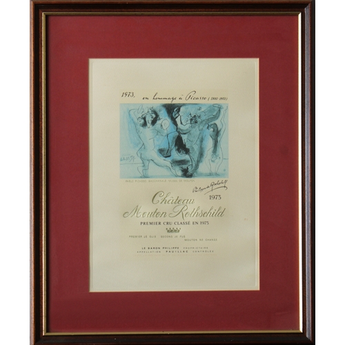 975 - Two framed Chteau Mouton Rothschild wine label posterscomprising 1973 - after Pablo Picasso; 1985 -... 