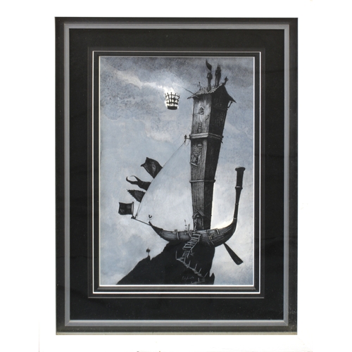 1013 - Mark Brown (late 20th century)Galleon perched beside lighthouse, gouache, signed lower centre, frame... 