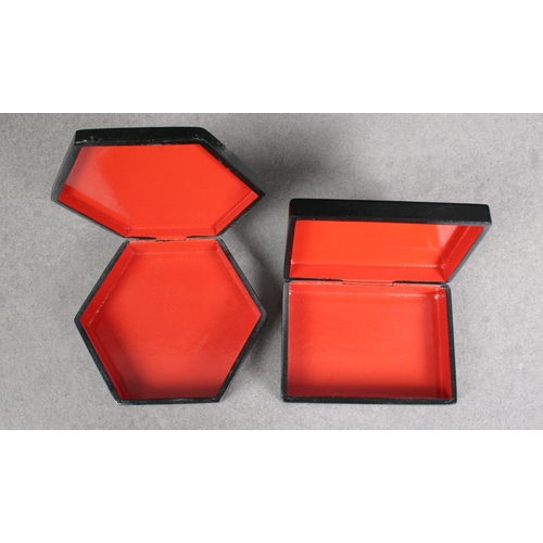 1041 - Two 20th century Russian lacquered boxesof hexagonal & rectangular form, the hinged covers depicting... 