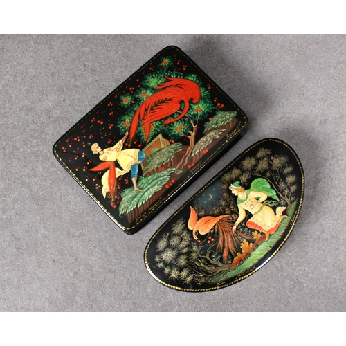 1054 - Two mid to late 20th century Russian Lacquered boxesof kidney & rectangular forms, the hinged covers... 