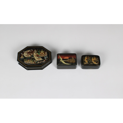 1056 - Three mid to late 20th century Russian lacquered boxeseach having hinged covers, depicting geese fly... 