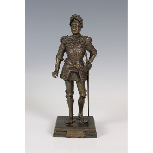 1090 - An Austrian Bronze Figure of King Arthurearly 20th century, stood holding a sword and wearing a helm... 