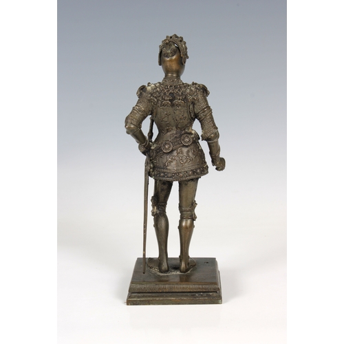 1090 - An Austrian Bronze Figure of King Arthurearly 20th century, stood holding a sword and wearing a helm... 