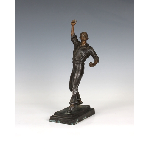 1103 - A cast bronze baseball player sculpture / modelhaving ball in his left hand and right arm aloft, rai... 