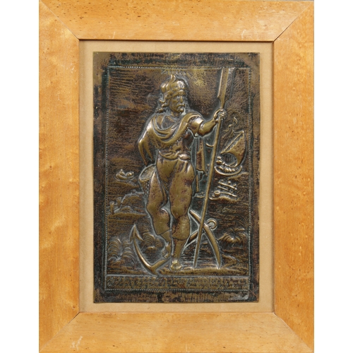 1108 - An embossed brass figural plaque of ZEBULUNindistinct signature and script, 25 x 16.5cm., framed, 35... 