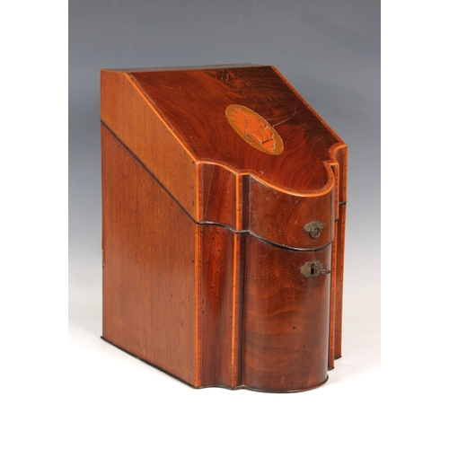 1126 - Mahogany George III serpentine front knife box with original fitted interior and mountscross banded ... 