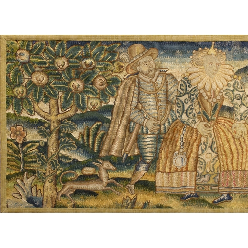 1169 - A 17th century needlepoint tapestry hanging depicting elegant figures in Elizabethan dressin an orch... 