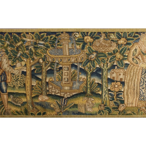 1169 - A 17th century needlepoint tapestry hanging depicting elegant figures in Elizabethan dressin an orch... 