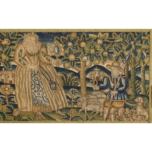 1169 - A 17th century needlepoint tapestry hanging depicting elegant figures in Elizabethan dressin an orch... 