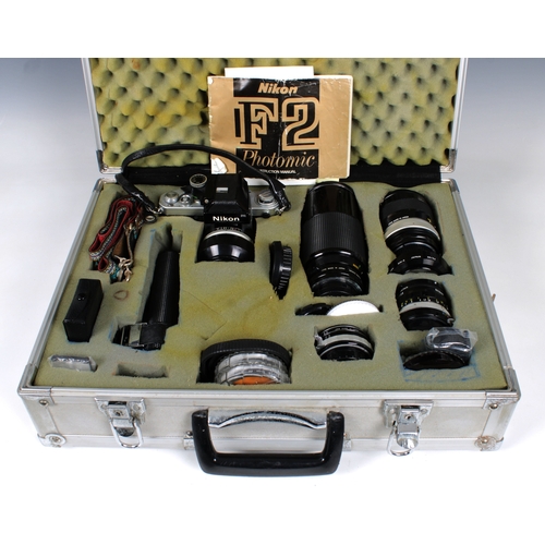 1177 - A Nikon F2 and lenses in fitted metal carry caselenses - NIKKOR-Q Auto 1:2.8 f=135mm, 330697; Vivita... 