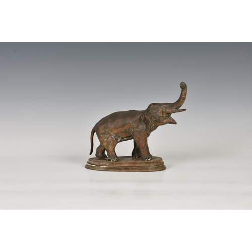 1186 - A realistically modeled copper elephant figureprobably early 20th century, modelled with raised trun... 