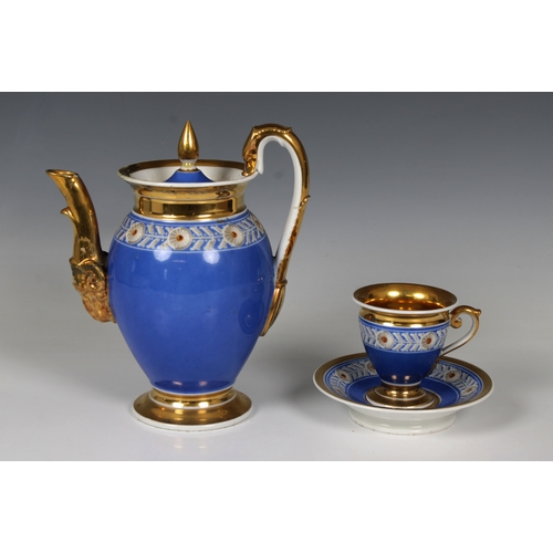 2111 - A Continental, Empire style, porcelain chocolate pot with matching cup & saucer, blue ground with gi... 