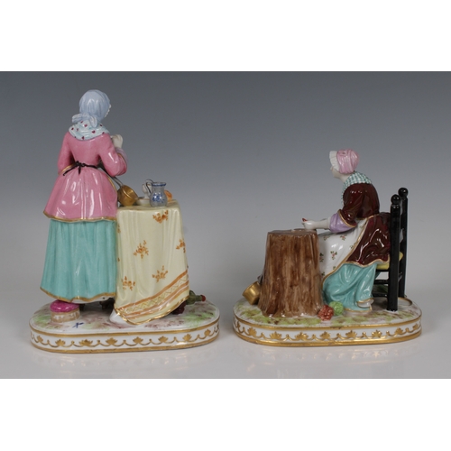 2004 - A pair of Continental porcelain figures, inscribed 'La Menagere D'Apres Chardin', and 'La Ratisseuse... 