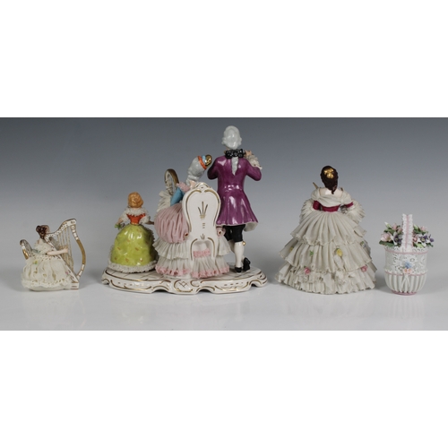 2008 - A Wilhelm Rittirsch Dresden Porcelain figure group, depicting flute player, seated lady playing the ... 