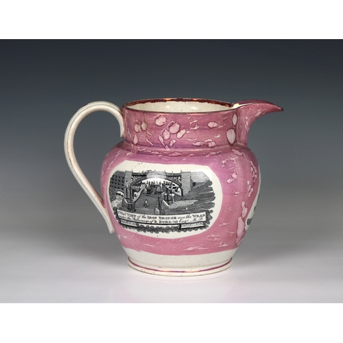 2030 - A large Sunderland Pink Lustre Jug, painted and transfer printed with 'A west view of the iron bridg... 