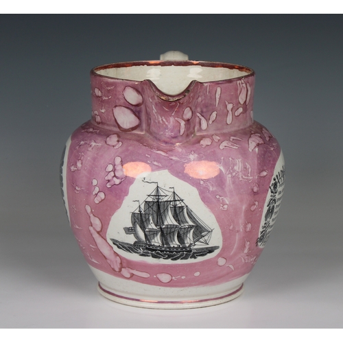 2030 - A large Sunderland Pink Lustre Jug, painted and transfer printed with 'A west view of the iron bridg... 