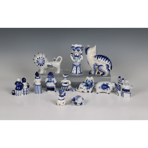 2048 - A small collection of vintage blue & white ornaments made in Russia, to include Lion, Cat, Pig, figu... 