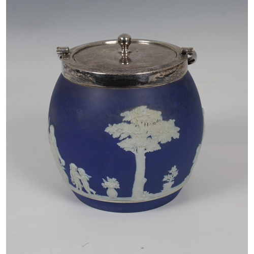 2056 - A Wedgwood blue and white jasper ware biscuit barrel with silver plated lid and handle, impressed fa... 