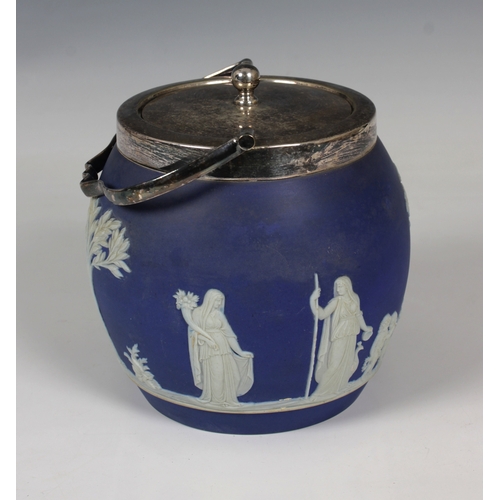 2056 - A Wedgwood blue and white jasper ware biscuit barrel with silver plated lid and handle, impressed fa... 