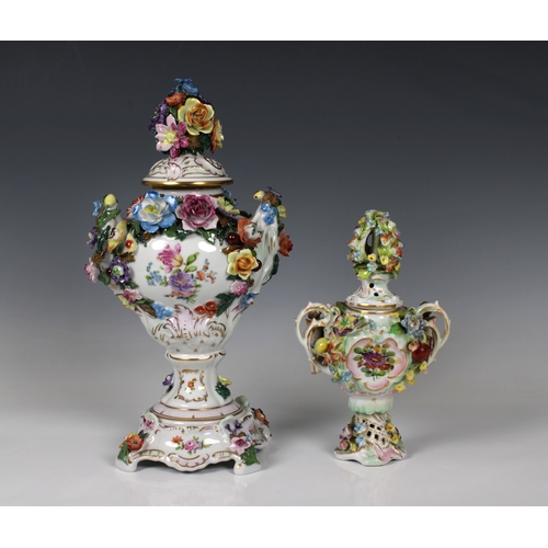 2071 - A Dresden, Germany, porcelain pot pourri vase, encrusted with applied flowers and putti, polychrome ... 