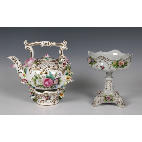 2096 - A 20th century Coalbrookdale by Coalport porcelain teapot on stand, encrusted with applied flowers, ... 