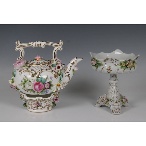 2096 - A 20th century Coalbrookdale by Coalport porcelain teapot on stand, encrusted with applied flowers, ... 